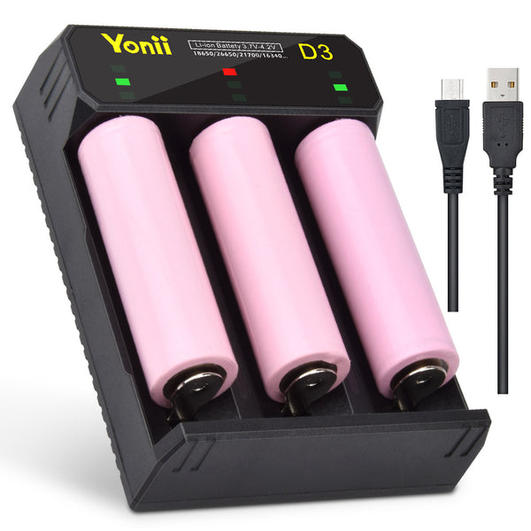 Yonii D3 2A 3Slots USB Smart Fast Charge li-ion battery charger for 18650 22650 21700 flashlight battery