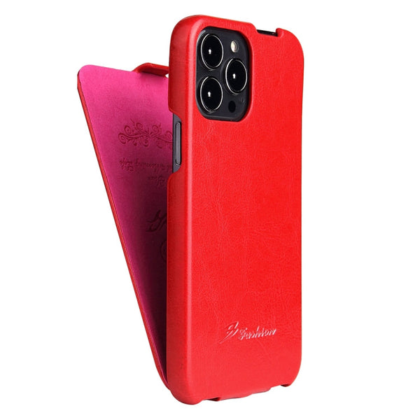 Fierre Shann Retro Oil Wax Texture Vertical Flip PU Leather Case For iPhone 13 Pro(Red)