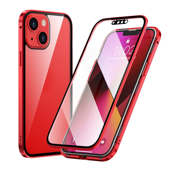 HD Magnetic Metal Frame Double-sided Tempered Glass Phone Case For iPhone 13(Red)
