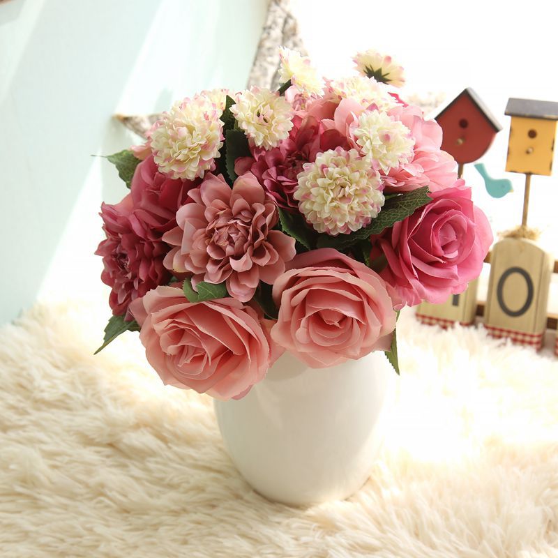 Rose Artificial Flowers Bridal Bouquet Fake Flower for Home Wedding Decoration