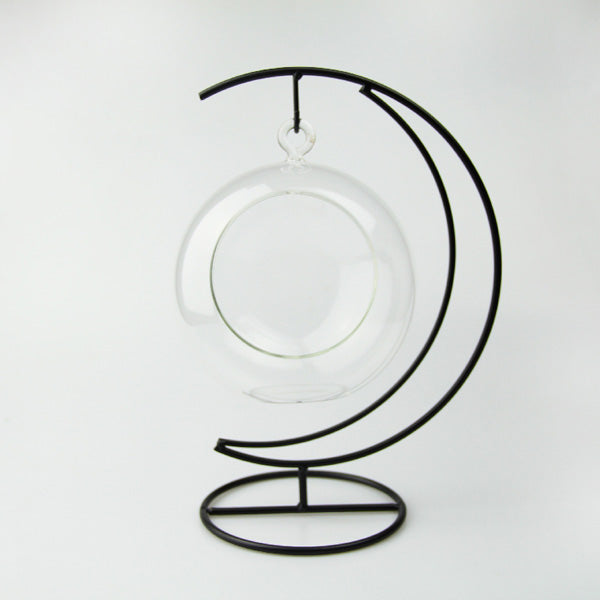 Micro Landscape Moon Shape Iron Holder Suspension Glass Vase Black Rack