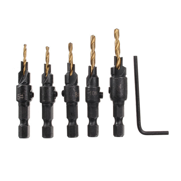 5pcs HSS 5/6/8/10/12 Countersink Chamfer Drill Bit Set Pilot Hole Woodworking Tool