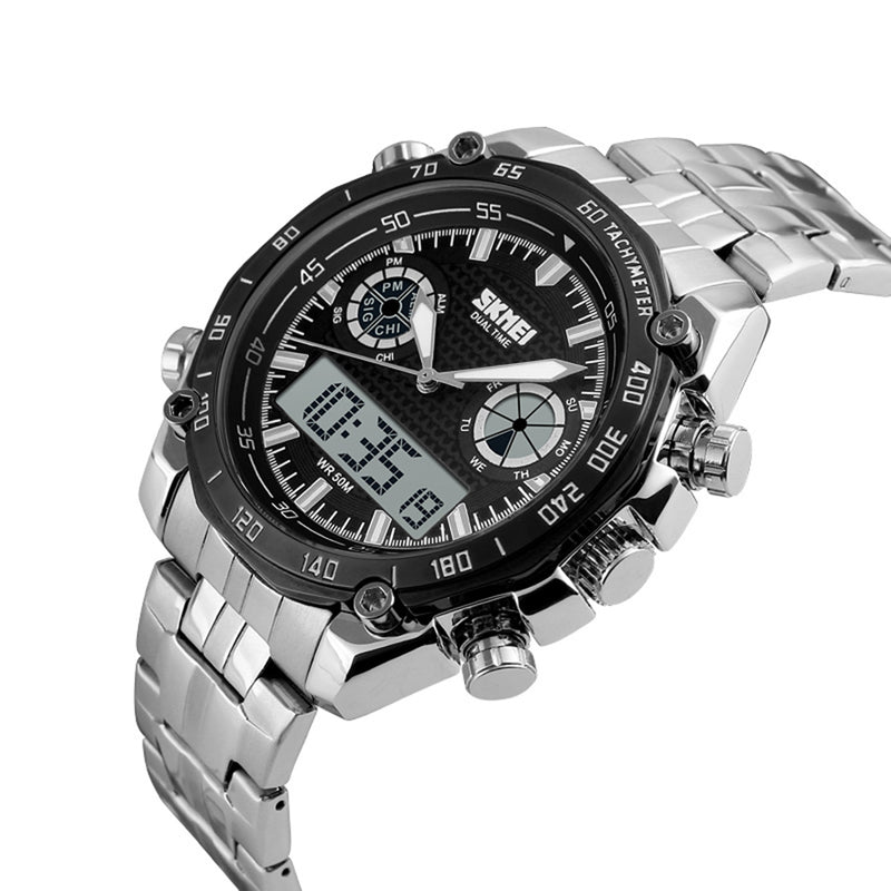 SKMEI 1204 Dual Dsplay Digital Watch Men Stainless Steel Strap Luminous Alarm Outdoor Sport Watch