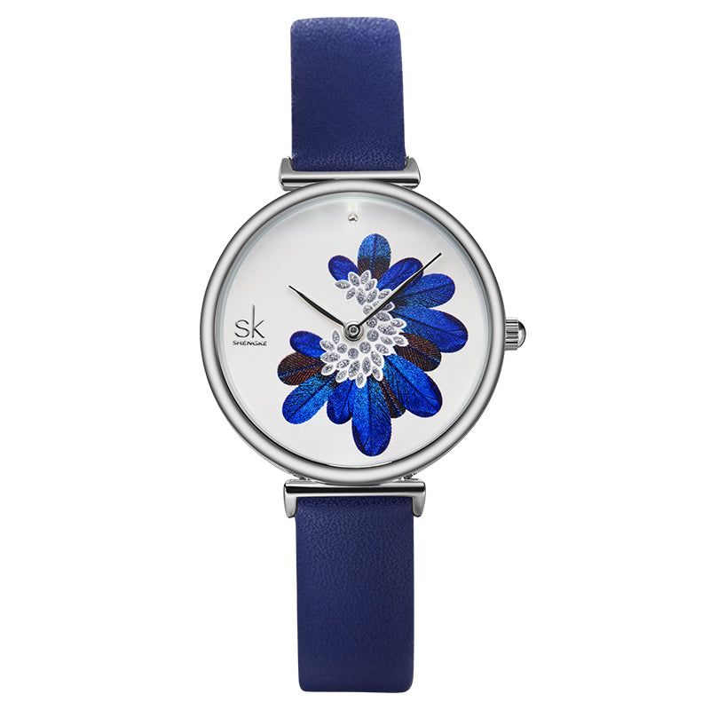 SHENGKE SK K0123 Leaves Pattern Crystal Flowers Female Fashion Elegant Women Ladies Leather Quartz Watch