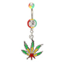 Jamaican Pot Leaf Dangle Crystal Navel Belly Ring Bar N4F2