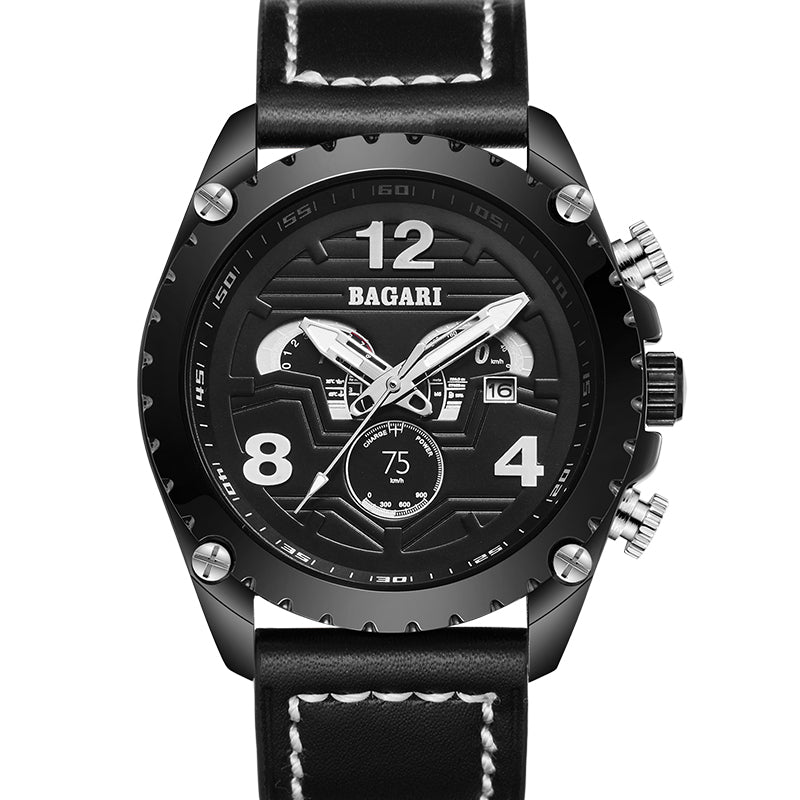 BAGARI 8007P Genuine Leather Watch Band Quartz Watch Calendar Casual Style Men Watch