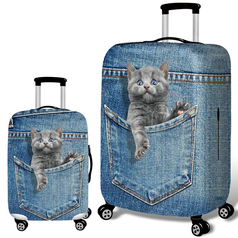 Honana Denim 3D Cute Cat Dog Elastic Luggage Cover Trolley Case Cover Warm Travel Suitcase Protector