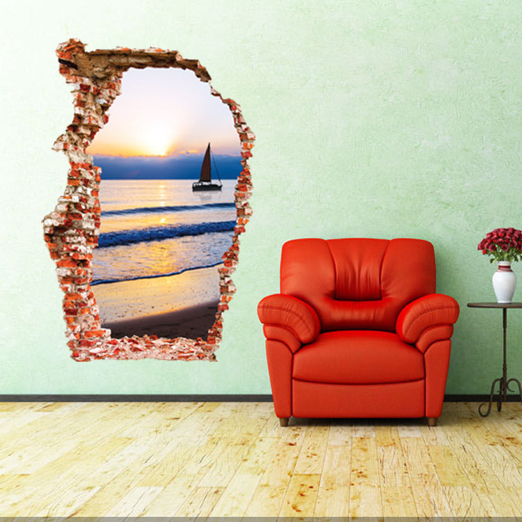 Miico Creative 3D Sea Sunset Broken Wall Removable Home Room Decorative Wall Door Decor Sticker