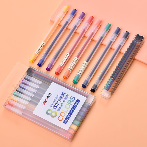 XIAOMI Ecosystem Deli NN0458 Full Needle Colored Gel Pen 8 Pcs Gel Pens + 8 Pcs Refills Transparent Barrels Writing Signing Pens Office School Supplies