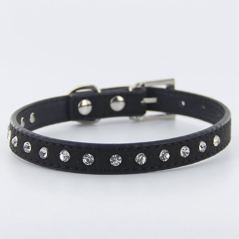 Pet Dog Cat Leatherette Crystal Rhinestone Collar Size XS - Black