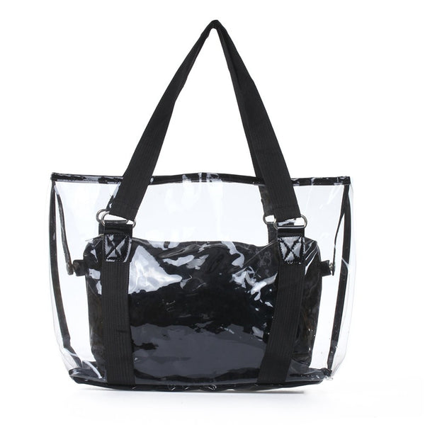 Set 2PCS Women's Handbag Tote Shoulder Bag Transparent PVC Black Fashion B2U5