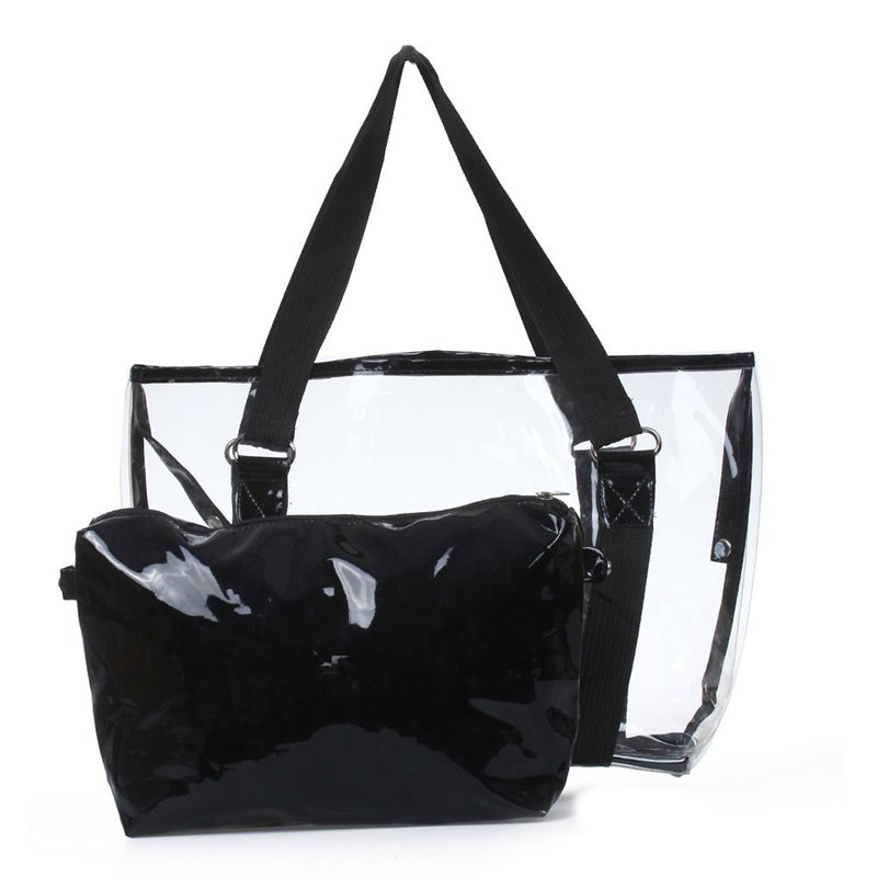 Set 2PCS Women's Handbag Tote Shoulder Bag Transparent PVC Black Fashion B2U5