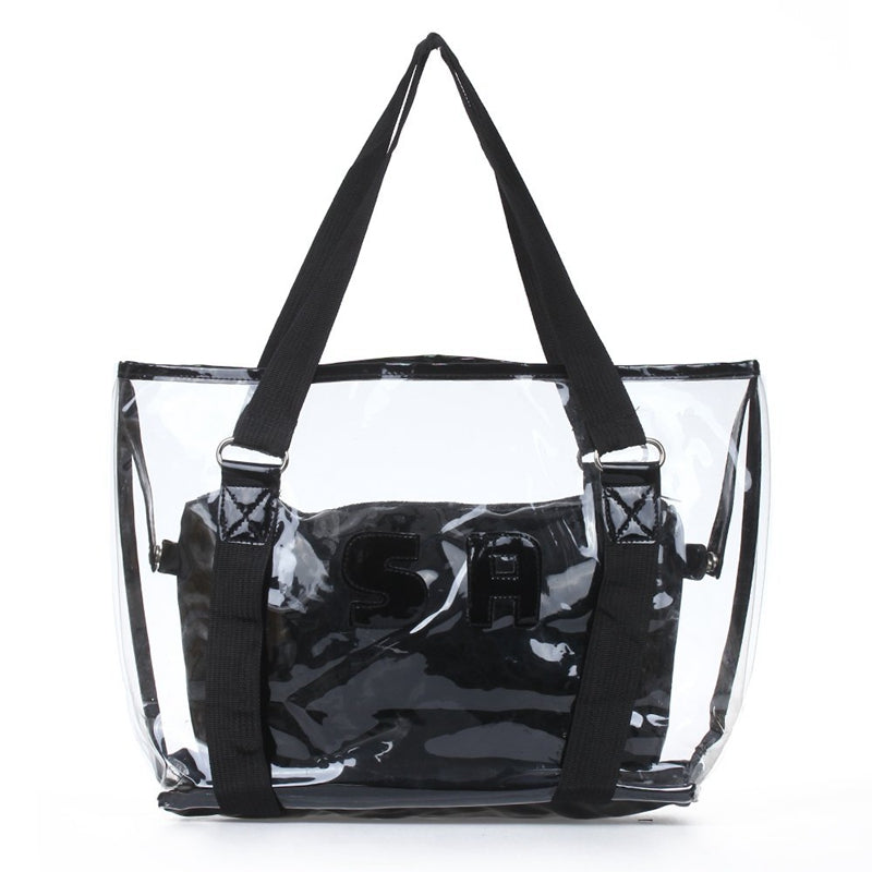 Set 2PCS Women's Handbag Tote Shoulder Bag Transparent PVC Black Fashion B2U5