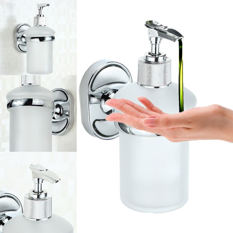 Stainless Steel Wall Mounted Soap Dispenser Holder Shampoo Bottle Frosted Glass