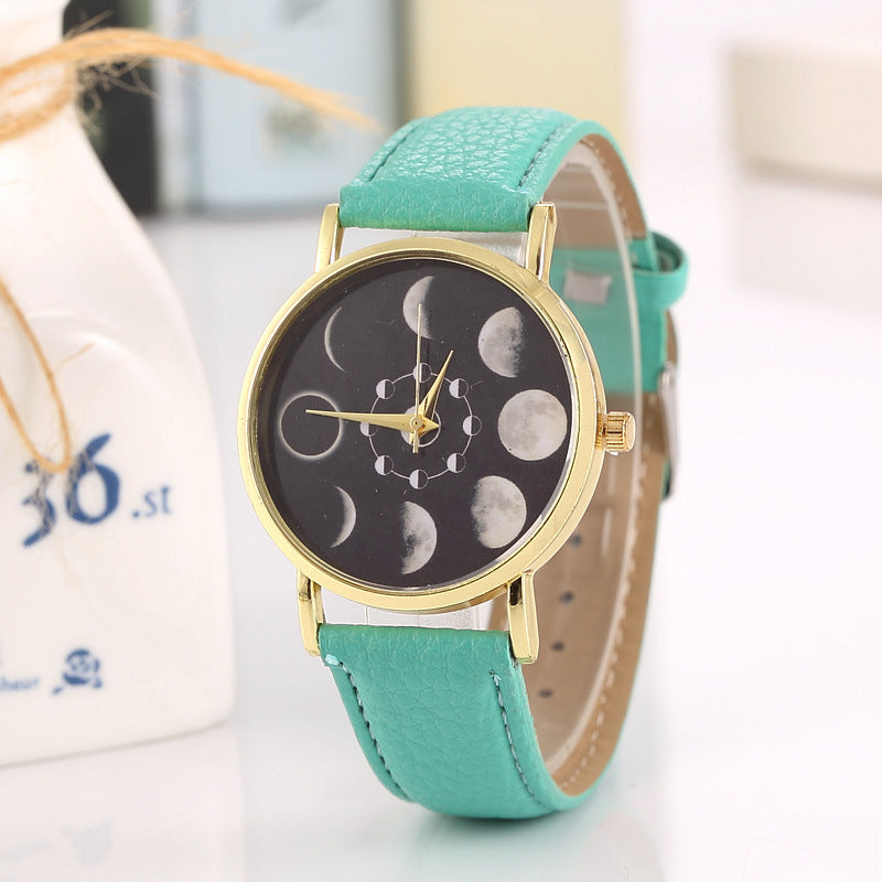 Solar Moon Phase Lunar Eclipse Unisex Watch Leather Strap Quartz Watch for Women Men