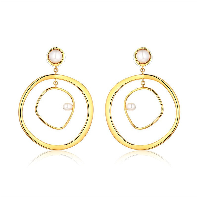 Trendy Pearl Geometric Round Shape Drop Earring Gold Plated Women Earrings