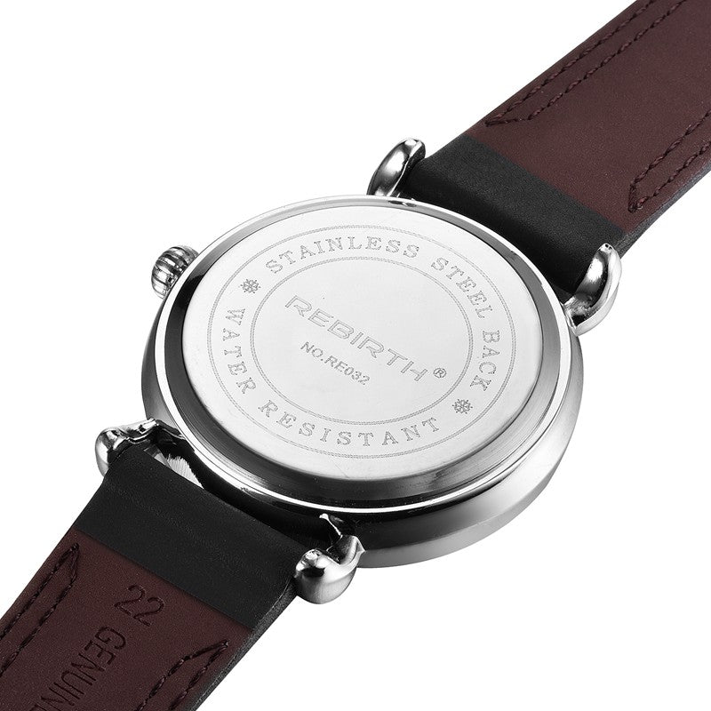 REBIRTH RE032 Gold Case Male Wristwatch Leather Band Quartz Movement Watch