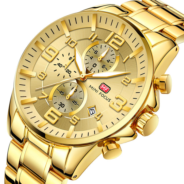 MINI FOCUS MF0278G Royal Golden Stainless Steel Chronograph Business Quartz Watch Men Wristwatch