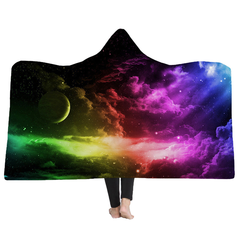 150x200CM 3D Colorful Printed Hooded Blankets Warm Wearable Plush Mats Thick Nap