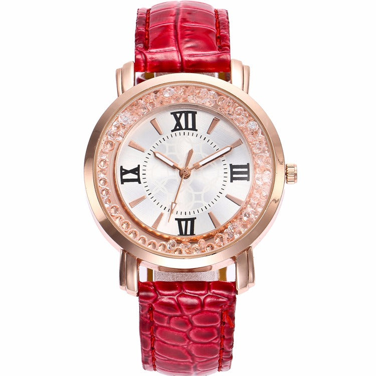 Fashion Rose Gold Flowing Crystal Roman numerals Ladies Dress Bracelet Leather Women Quartz Watch