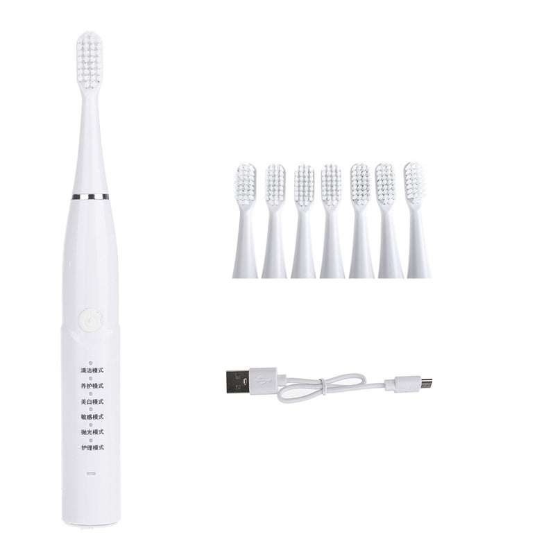 USB Charging Waterproof Soft Ultrasonic Electric Toothbrush 6 Vibration Modes W/ 8 Tips Oral Whitening Care