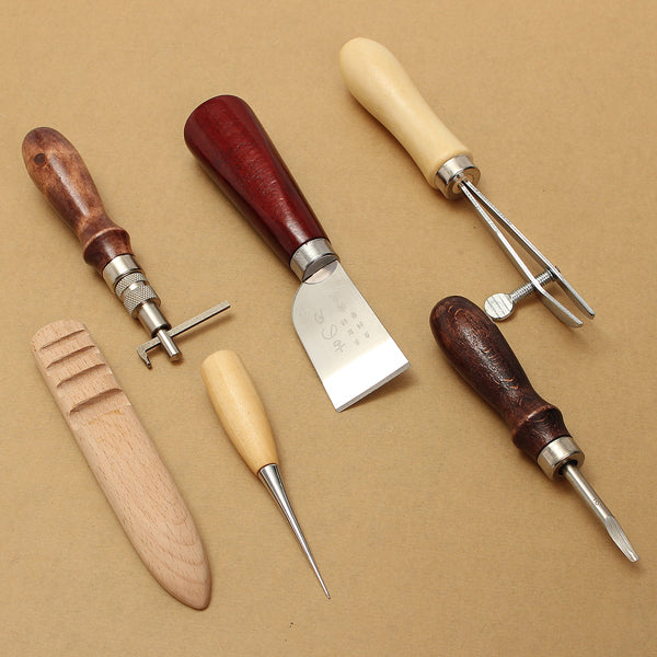 6pcs Wood Handle Leather Craft Tool Kit Leather Hand Sewing Tool Punch Cutter DIY Set