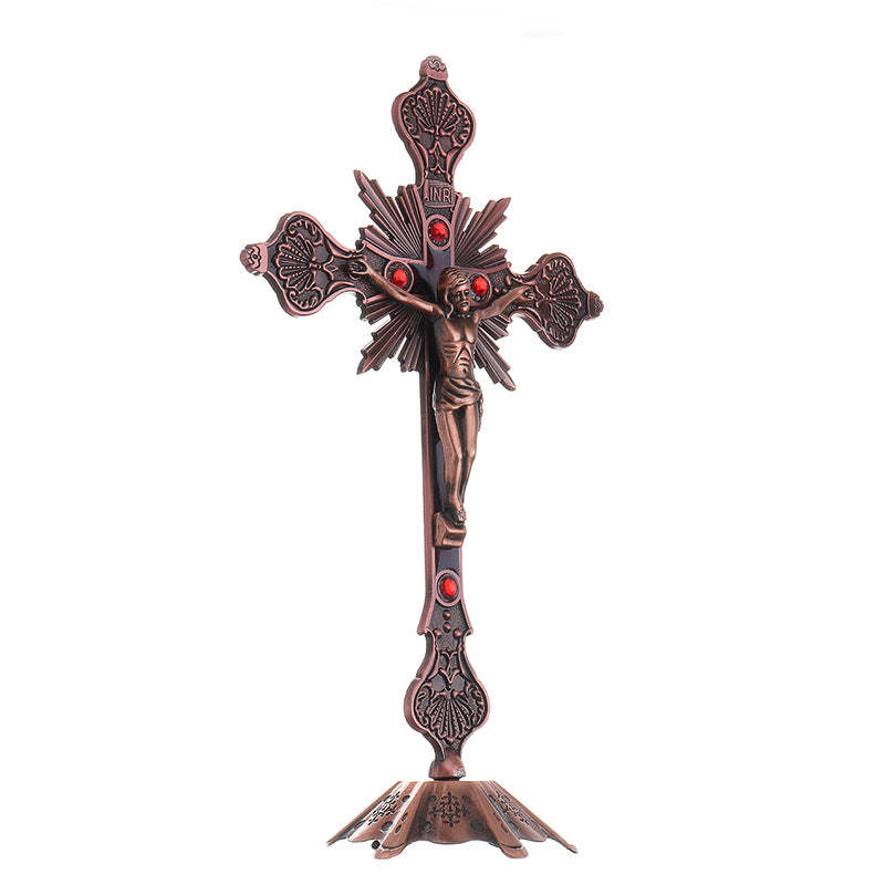 Antique Red Copper INRI Catholic Altar Standing Religious Crucifix With Base 10 inch Decorations