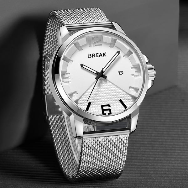 BREAK 3301 Calendar Sport Men Wrist Watch Simple Design Stainless Steel Quartz Watches