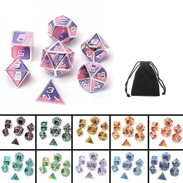 7Pcs Mixed Color Polyhedral Dice Metal RPG Dices Set with Velvet Bag Dungeons and Dragon Black Table Games Zinc Alloy Math Teaching