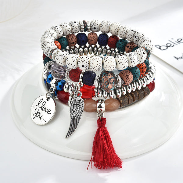 Vintage Beaded Bracelet Set Tassels Charm Multilayer Bracelet Ethnic Jewelry for Women