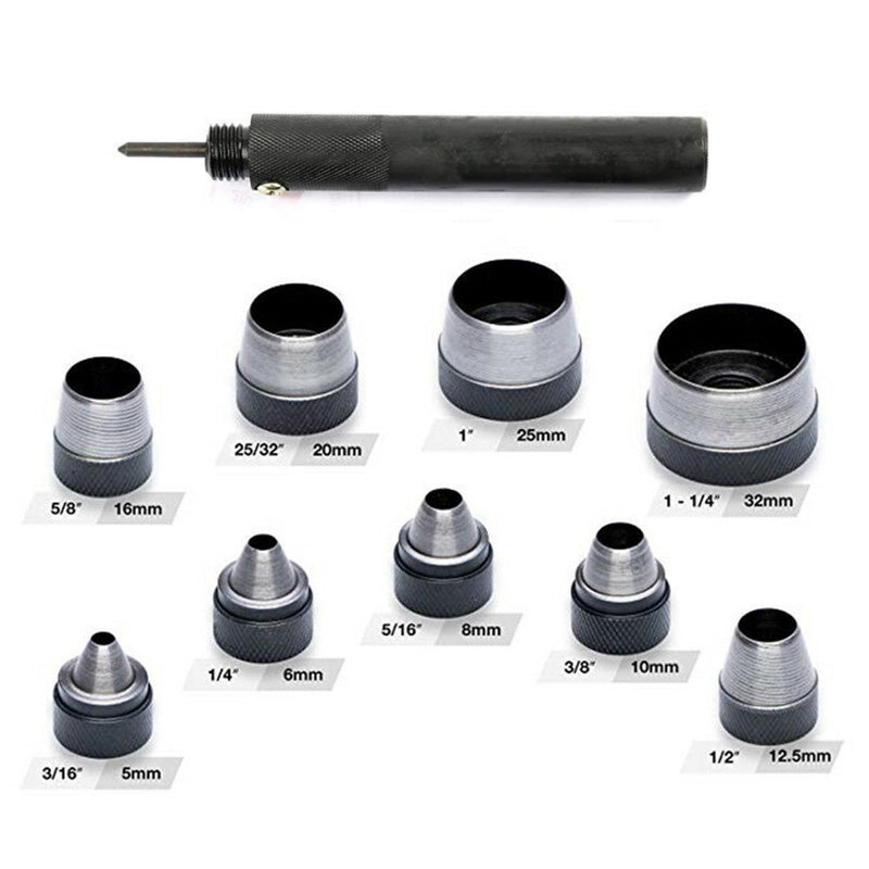 10Pcs Interchangable Hollow Hole Punch Set with Handle for Heavy Duty Leather
