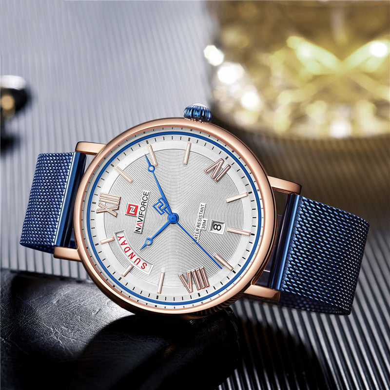 NAVIFORCE 3006 Mesh Steel Band Calendar Quartz Watch Casual Waterproof Men Wrist Watch