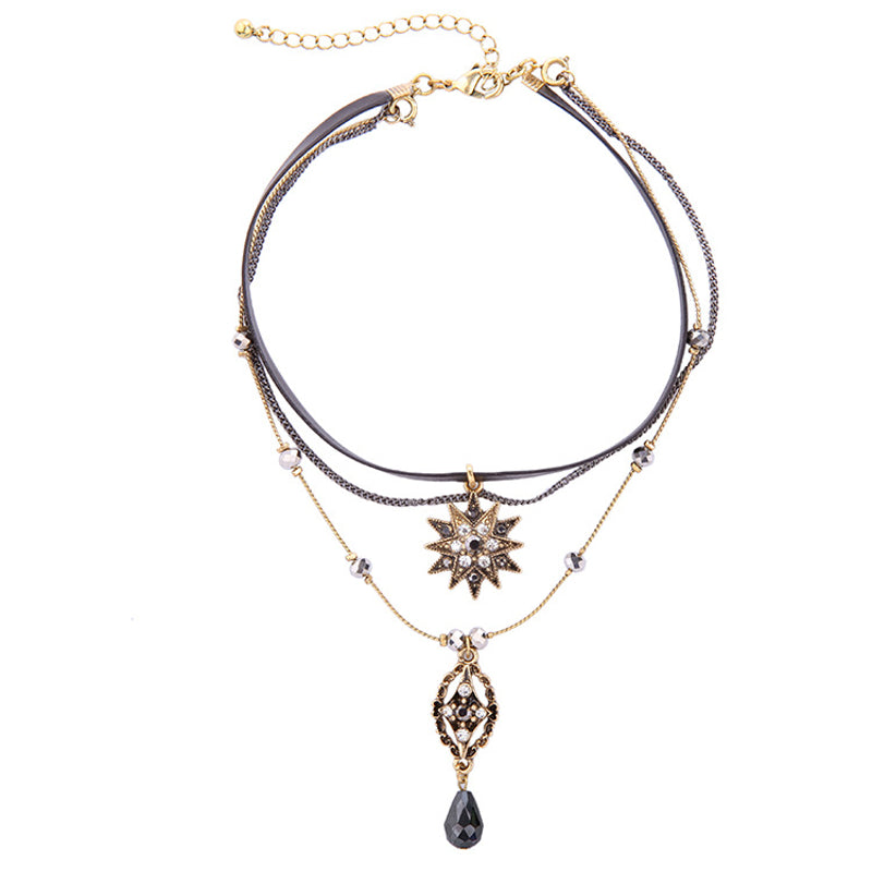Sweet Multilayer Flower Leather Choker Necklace Water Drop Necklace Ethnic Jewelry for Women