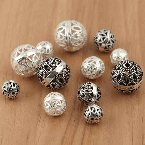 925 5pcs Sterling Silver Round Loose Beads Hollow DIY Jewelry Accessories Findings
