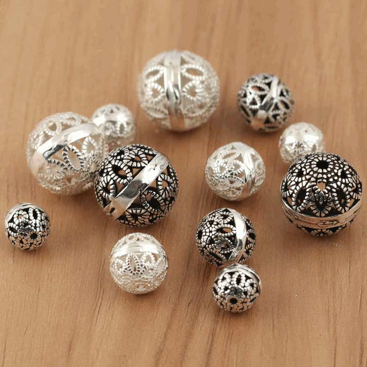 925 5pcs Sterling Silver Round Loose Beads Hollow DIY Jewelry Accessories Findings