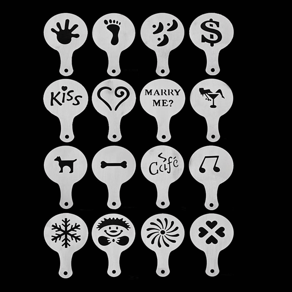 KCASA KC-LM03 16 Pcs Plastic Coffee Template Stencils Cappuccino Chocolate Latte Art Mold Tools