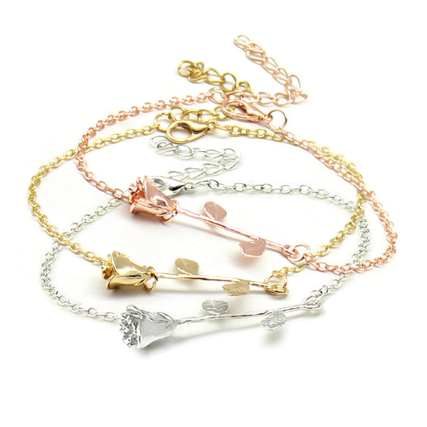 Trendy Rose Gold Silver Plated Flower Chain Bracelets for Women