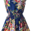 Lady's Sleeveless O-neck Flower Printed Casual Mini Dress--Blue-and-white A X9N6