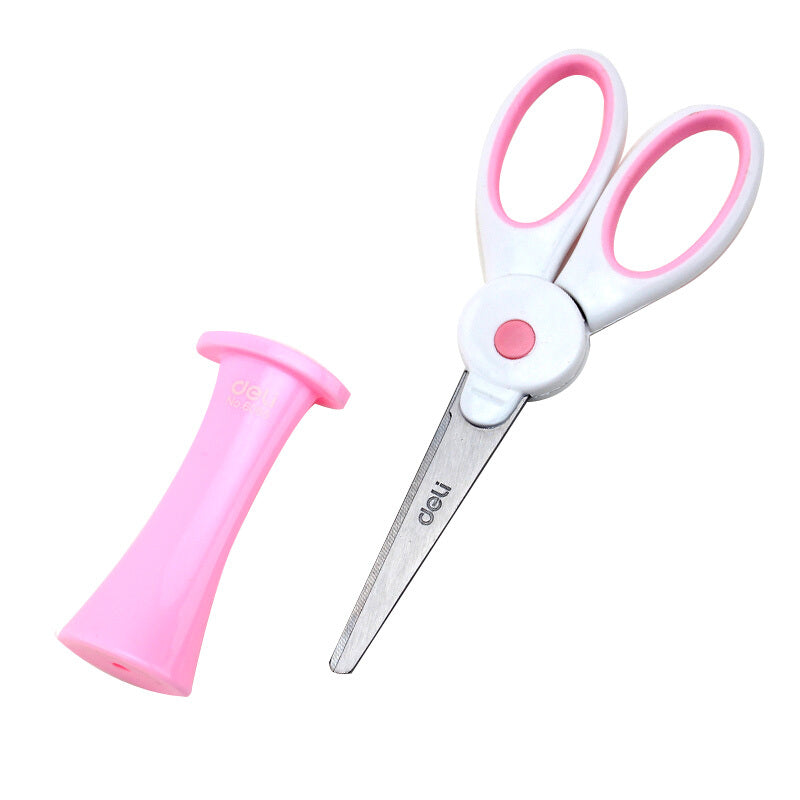 Deli 6065 Cute Kawaii Cartoon Rabbit Shape Scissors Paper Cutter Portable Students Scissors Safe Scissors DIY Hand Craft Cutting Tools with Protective Cover