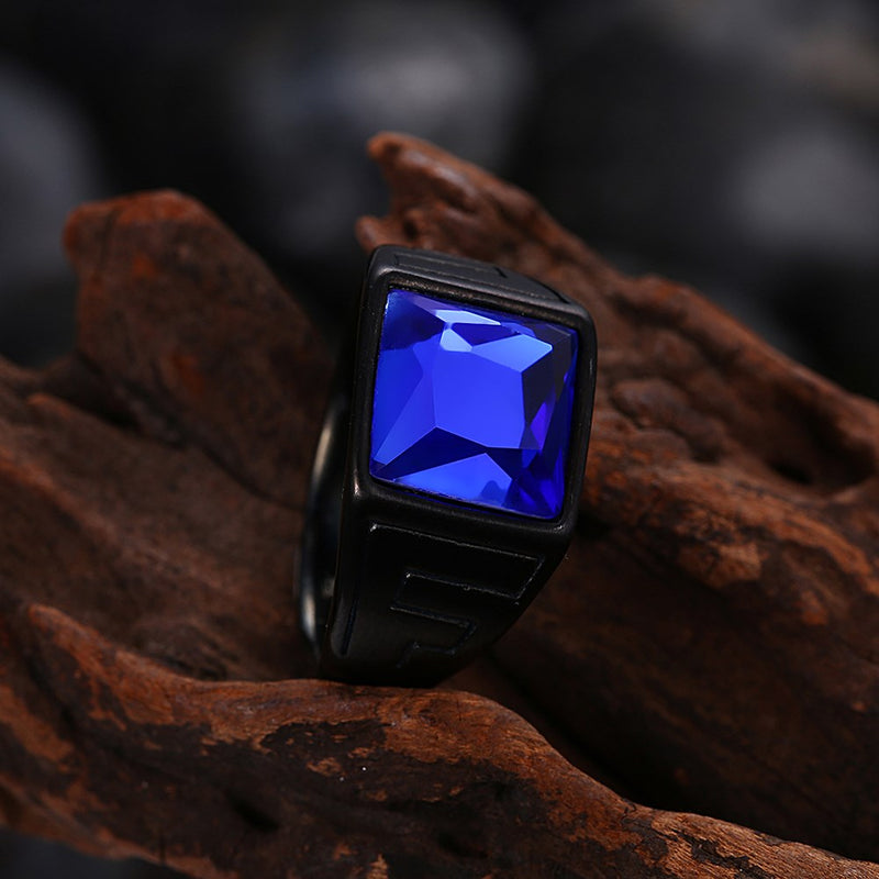 Fashion Titanium Steel Ring Blue Glass Gun Black Plated Ring Wholesale for Men