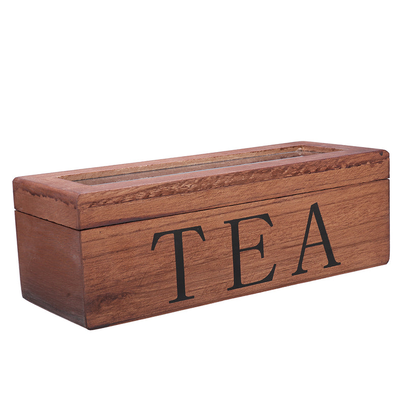 Tea Bag Stores Wooden Tea Box 3 Compartments Hinged Glass Lid Tea Organizer Jewelery Box Storage