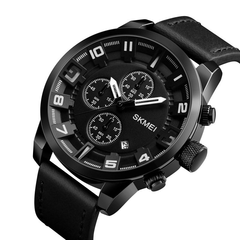 SKMEI 1309 Men Watch Fashion Leather Strap Three Smal Dials Stopwatch Male Quartz Wrist Watch