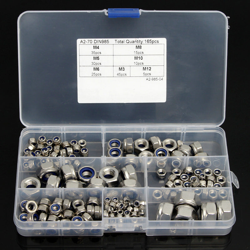 165Pcs Stainless Steel Nylon Insert Locknut Assortment Kit M3 - M12