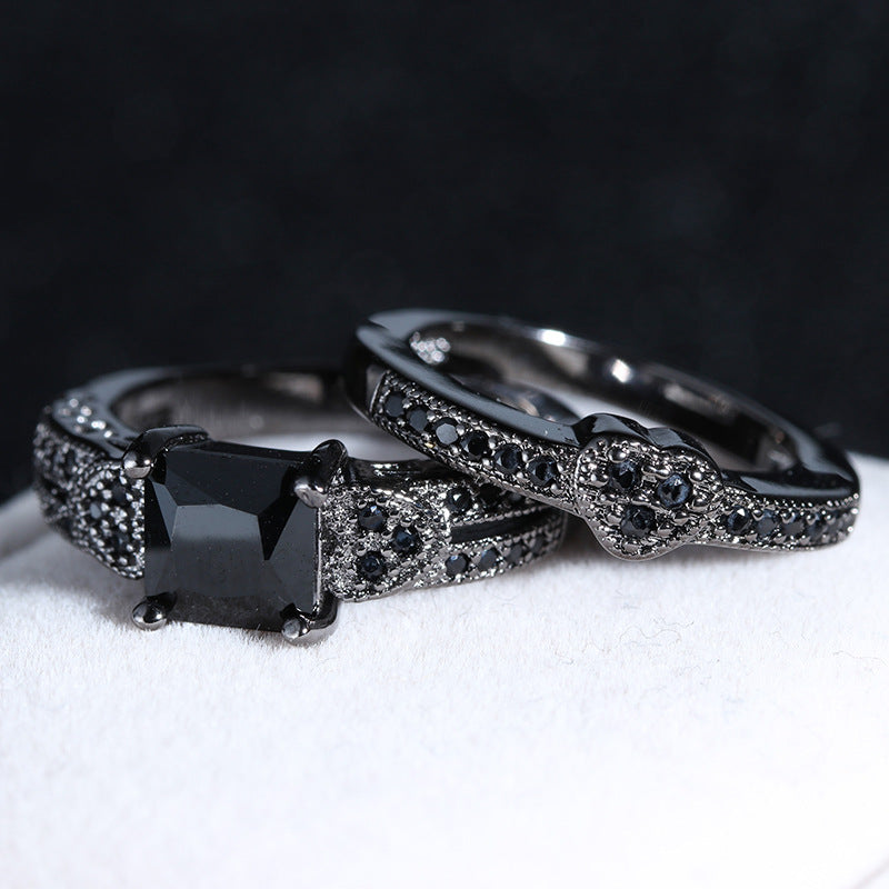 2Pcs/set Classic Engagement Ring Gun Black Zirconia Heart Ring Sets for Women