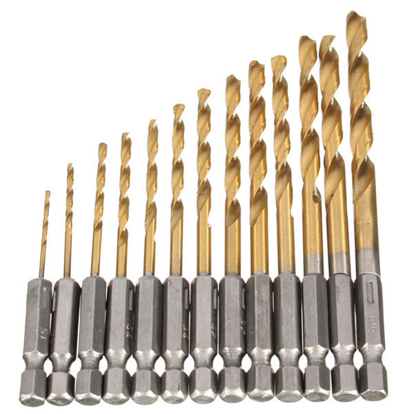 13pcs 1/4 Inch Hex Shank 1.5-6.5mm HSS Titanium Coated Drill Bit Set