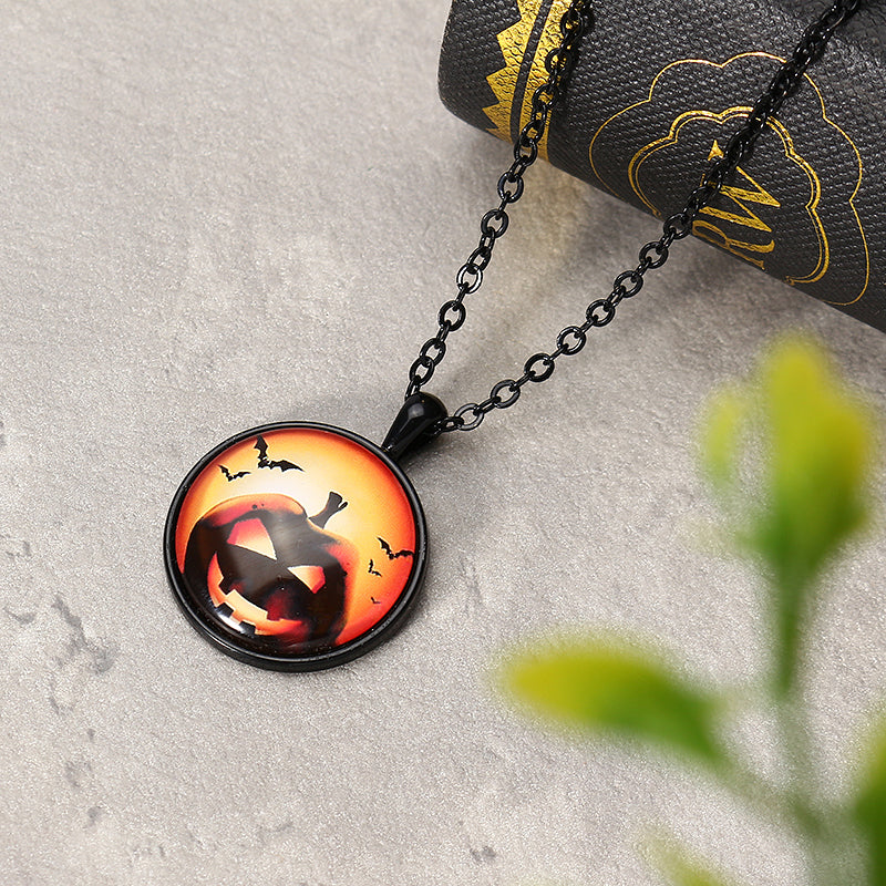 Halloween Pumpkin Witch Necklacee Cute Chain Time Gem Glass Pendant Necklacee