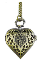 Hollow Heart-Shaped Pocket Watch Necklace Pendant Chain Bronze