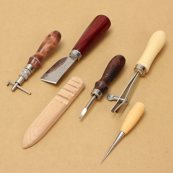6pcs Wood Handle Leather Craft Tool Kit Leather Hand Sewing Tool Punch Cutter DIY Set