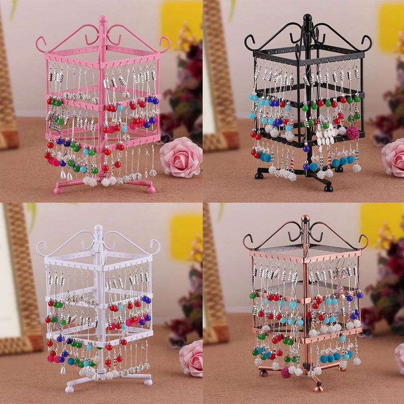 96 Holes Iron Rotating Earring Stand Ring Display Square Jewelry Rack Holder