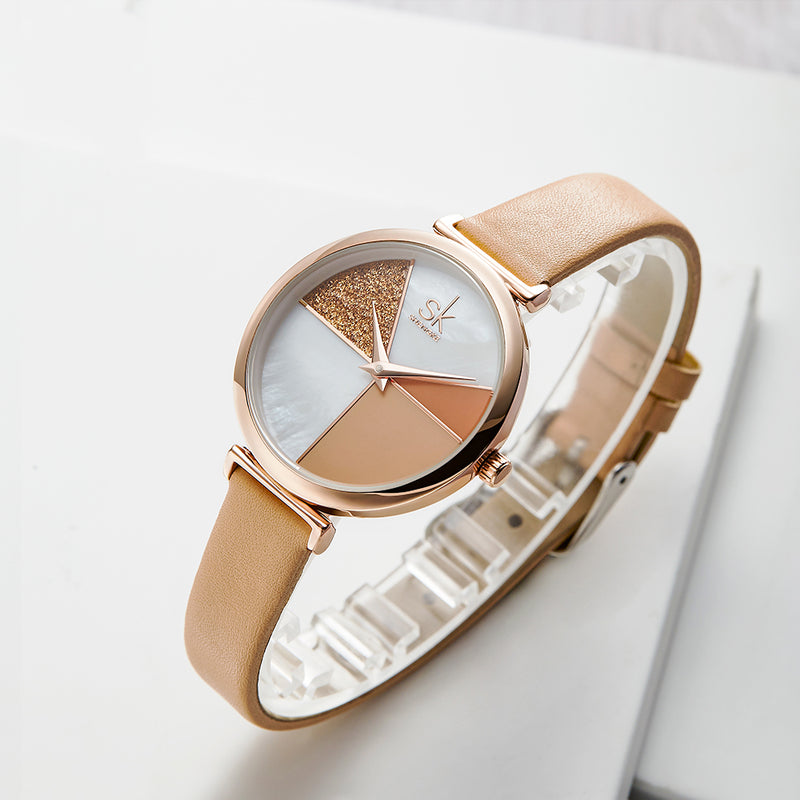 SHENGKE SK K0109 Fashion Color Segmentation Ladies Casual Dial Leather Band Women Quartz Watch